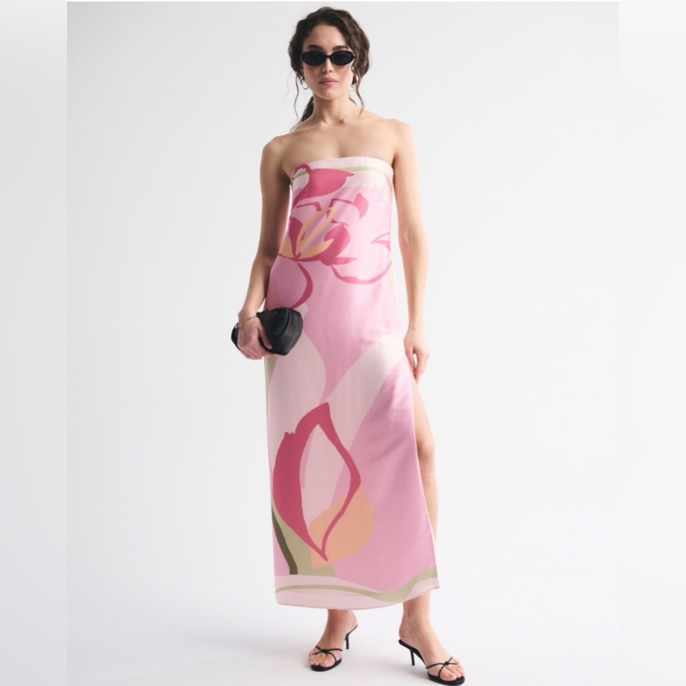 Abercrombie & Fitch Strapless Pink Floral Midi Dress